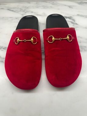 Gucci Red Velvet Horsebit Slide Mules